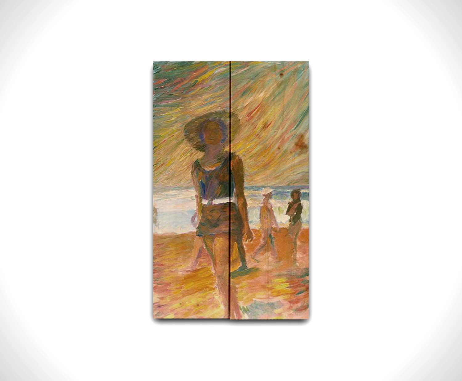 A portrait painting focused on a person at the beach, with other beachgoers visible in the background. The scene incluces orange sands, an orange and green sky, and a pale blue sea. Printed on a wood pallet.