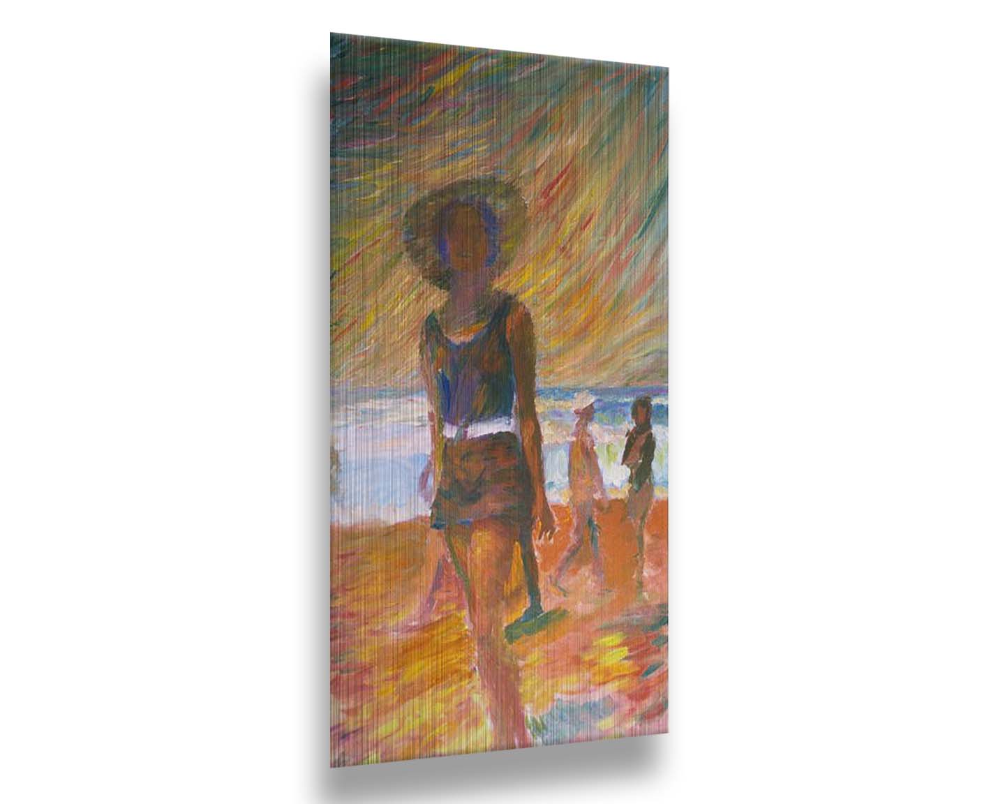 A portrait painting focused on a person at the beach, with other beachgoers visible in the background. The scene incluces orange sands, an orange and green sky, and a pale blue sea. Printed on metal.