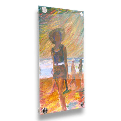 A portrait painting focused on a person at the beach, with other beachgoers visible in the background. The scene incluces orange sands, an orange and green sky, and a pale blue sea. Printed on acrylic.