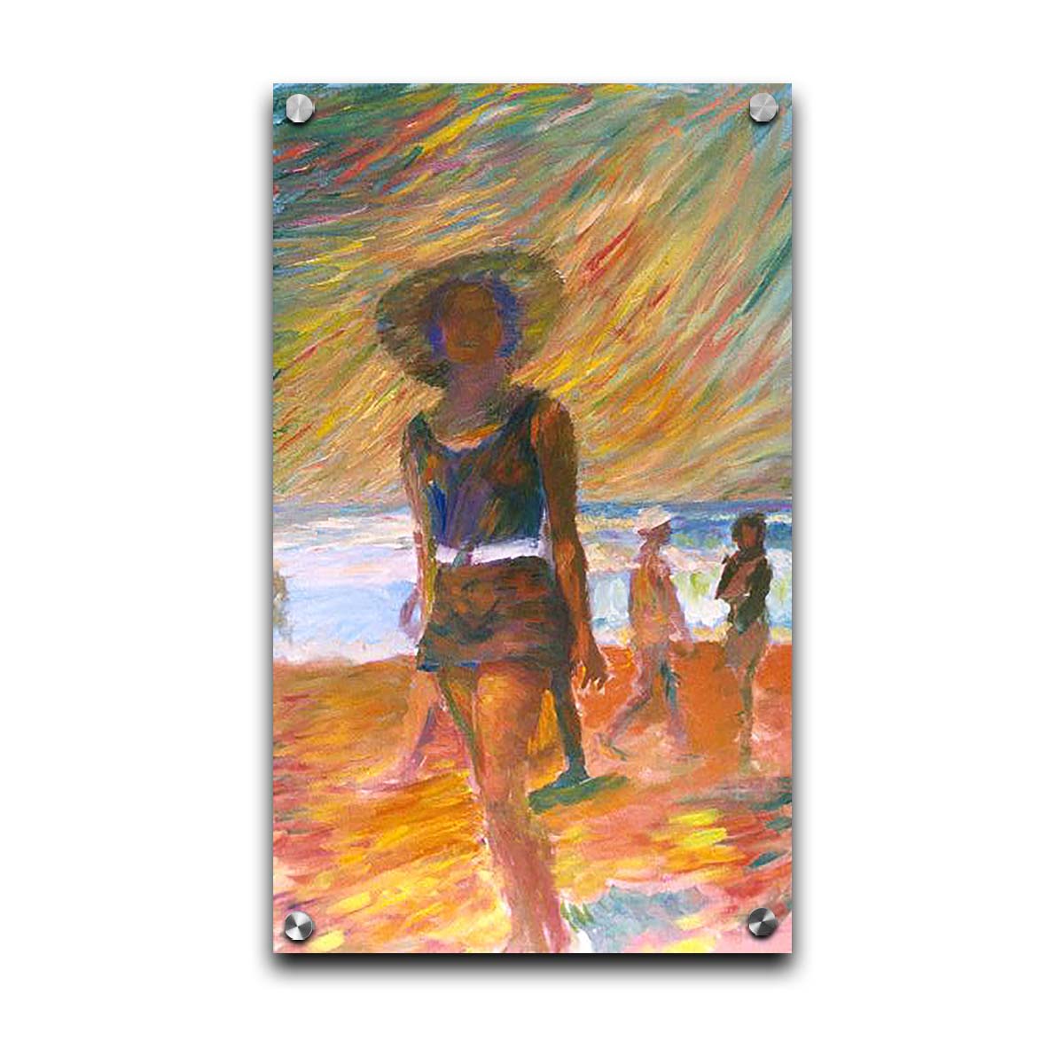 A portrait painting focused on a person at the beach, with other beachgoers visible in the background. The scene incluces orange sands, an orange and green sky, and a pale blue sea. Printed on acrylic.