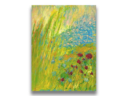 A landscape painting looking down at green grasses and reeds, a bush adorned with vibrant red flowers, and a tranquil blue pond. The simplified, abstracted style focuses on color and movement. Printed on canvas.