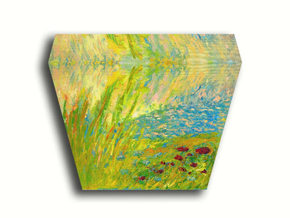 A landscape painting looking down at green grasses and reeds, a bush adorned with vibrant red flowers, and a tranquil blue pond. The simplified, abstracted style focuses on color and movement. Printed on canvas.