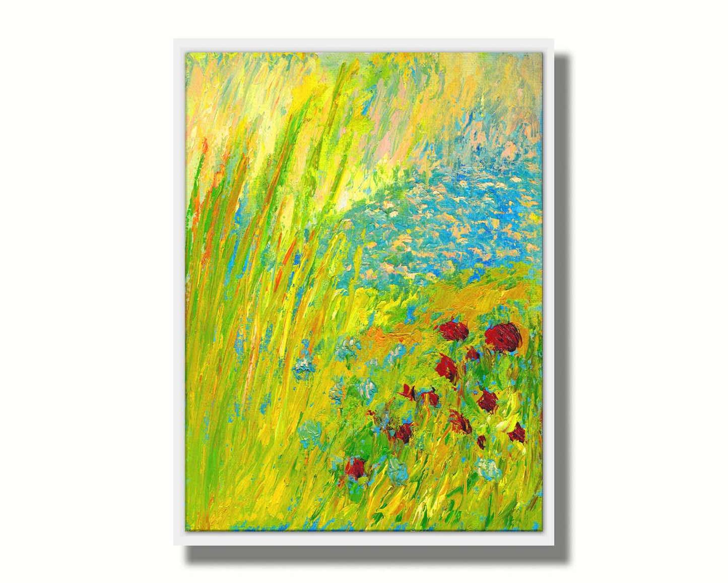 A landscape painting looking down at green grasses and reeds, a bush adorned with vibrant red flowers, and a tranquil blue pond. The simplified, abstracted style focuses on color and movement. Printed on canvas in a float frame.