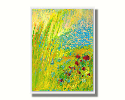 A landscape painting looking down at green grasses and reeds, a bush adorned with vibrant red flowers, and a tranquil blue pond. The simplified, abstracted style focuses on color and movement. Printed on canvas in a float frame.