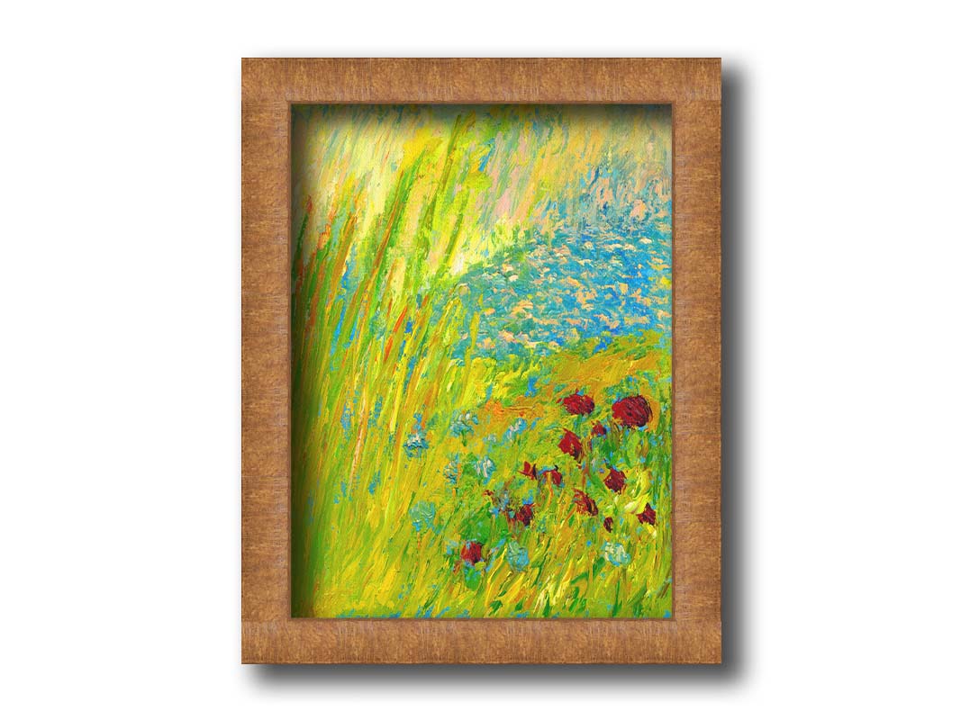 A landscape painting looking down at green grasses and reeds, a bush adorned with vibrant red flowers, and a tranquil blue pond. The simplified, abstracted style focuses on color and movement. Printed on canvas and framed.