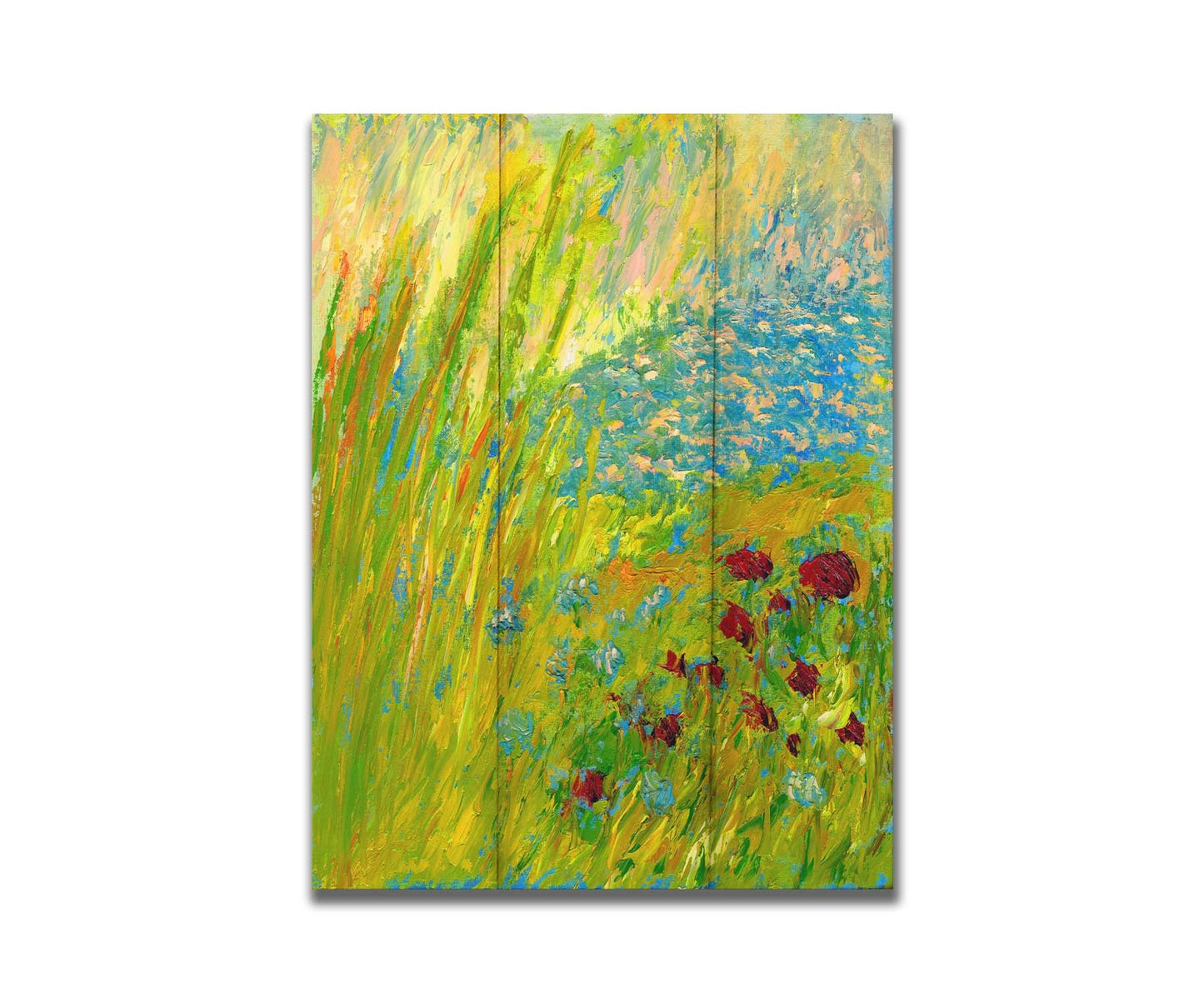 A landscape painting looking down at green grasses and reeds, a bush adorned with vibrant red flowers, and a tranquil blue pond. The simplified, abstracted style focuses on color and movement. Printed on a box board.