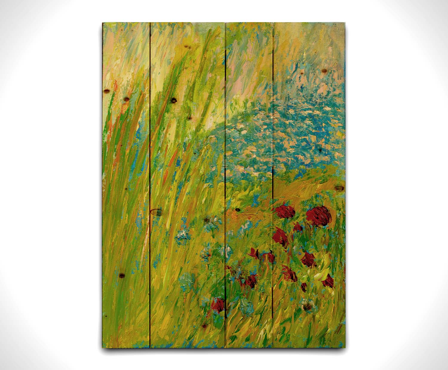 A landscape painting looking down at green grasses and reeds, a bush adorned with vibrant red flowers, and a tranquil blue pond. The simplified, abstracted style focuses on color and movement. Printed on a wood pallet.