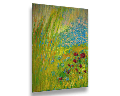 A landscape painting looking down at green grasses and reeds, a bush adorned with vibrant red flowers, and a tranquil blue pond. The simplified, abstracted style focuses on color and movement. Printed on metal.