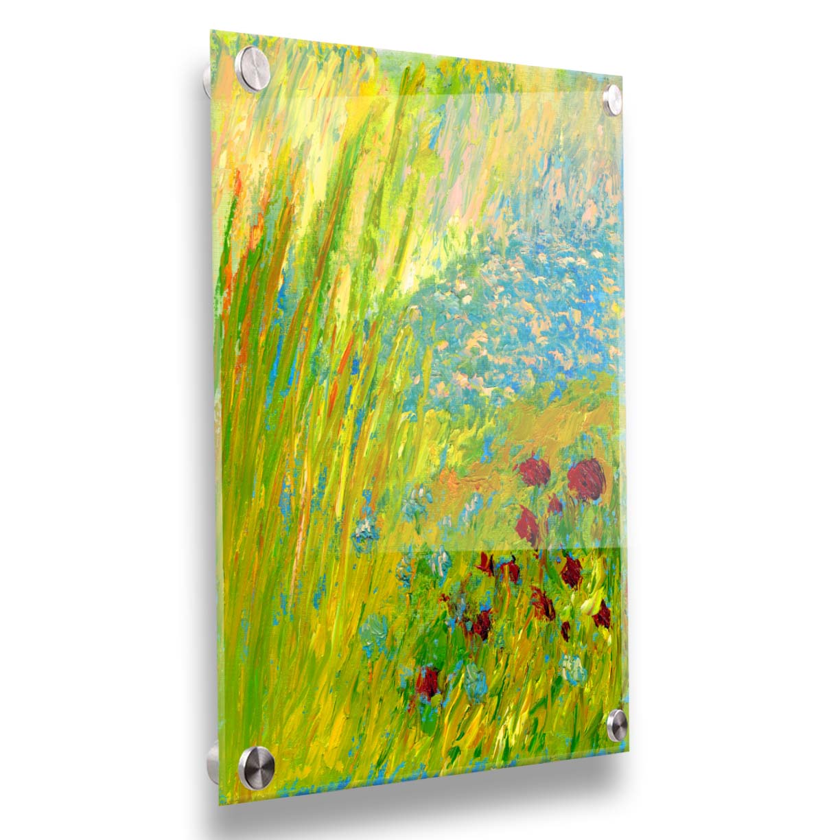 A landscape painting looking down at green grasses and reeds, a bush adorned with vibrant red flowers, and a tranquil blue pond. The simplified, abstracted style focuses on color and movement. Printed on acrylic.