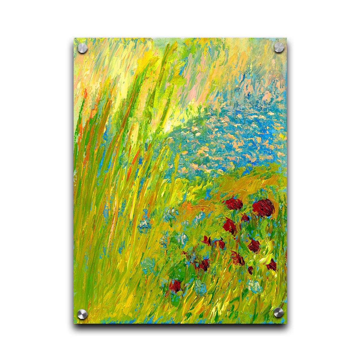 A landscape painting looking down at green grasses and reeds, a bush adorned with vibrant red flowers, and a tranquil blue pond. The simplified, abstracted style focuses on color and movement. Printed on acrylic.