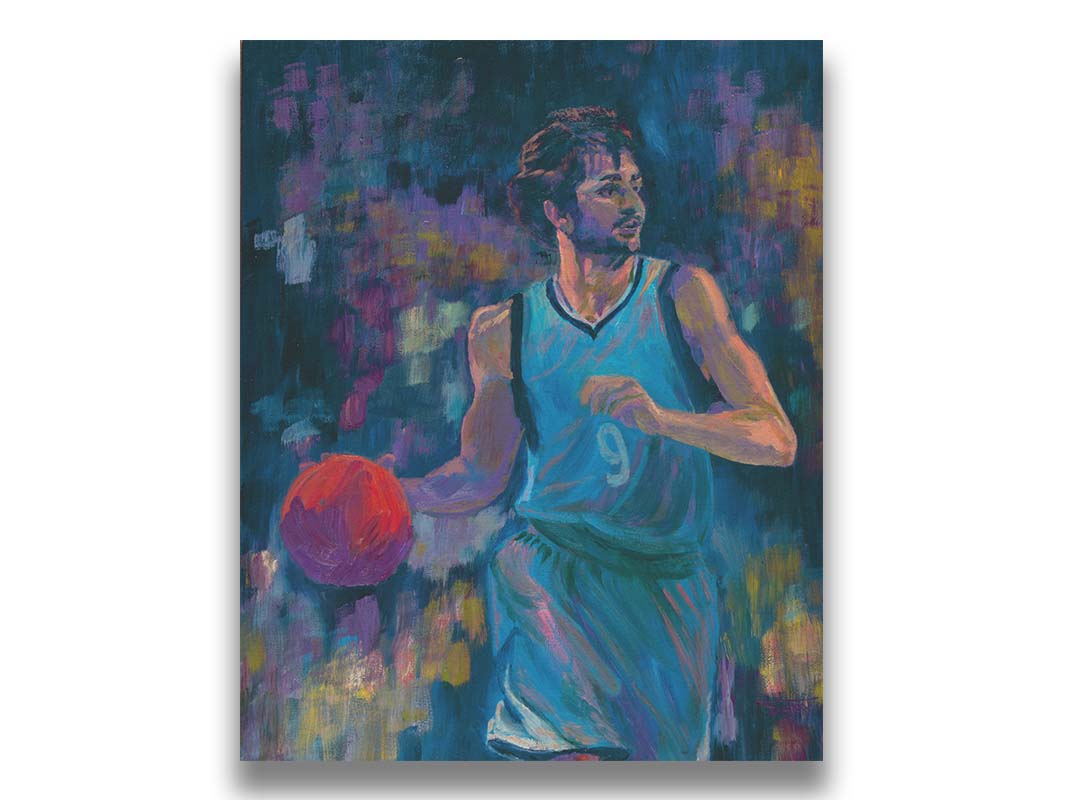 A portrait of MInnesota Timberwolves basketball player Ricky Rubio, dribbling the ball. The dark blue background, abstract and accented with purple and yellow, contrasts the lighter blue of his uniform and the bright orange ball. Printed on canvas.