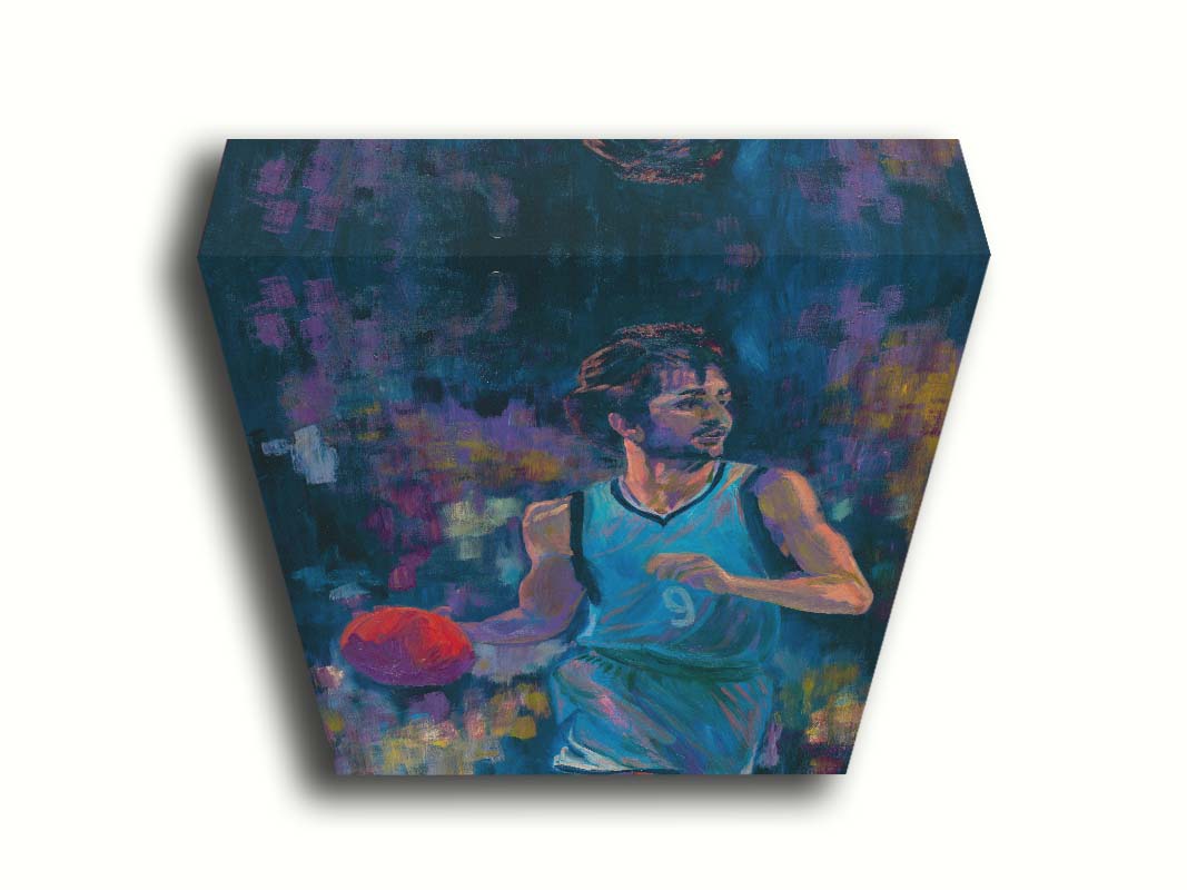 A portrait of MInnesota Timberwolves basketball player Ricky Rubio, dribbling the ball. The dark blue background, abstract and accented with purple and yellow, contrasts the lighter blue of his uniform and the bright orange ball. Printed on canvas.