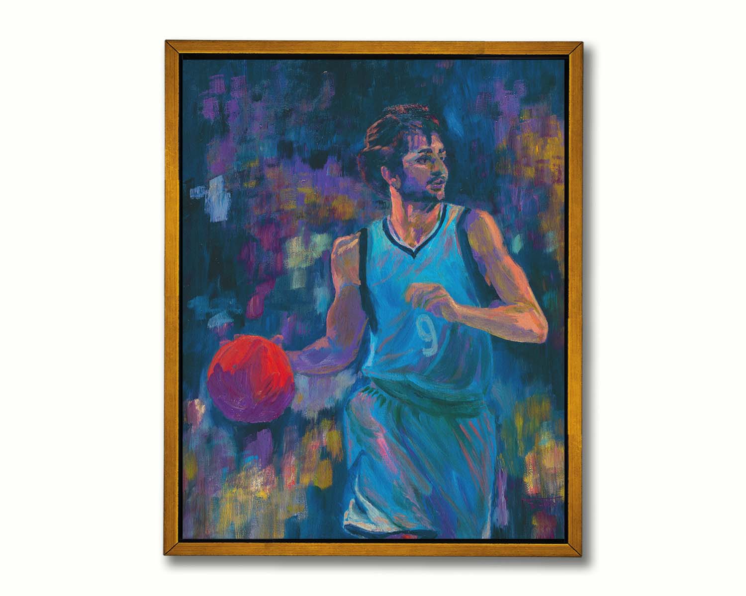 A portrait of MInnesota Timberwolves basketball player Ricky Rubio, dribbling the ball. The dark blue background, abstract and accented with purple and yellow, contrasts the lighter blue of his uniform and the bright orange ball. Printed on canvas in a float frame.