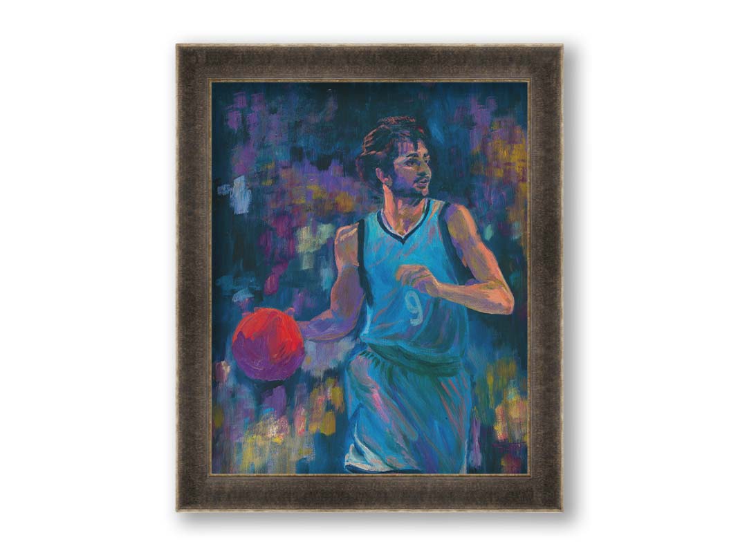 A portrait of MInnesota Timberwolves basketball player Ricky Rubio, dribbling the ball. The dark blue background, abstract and accented with purple and yellow, contrasts the lighter blue of his uniform and the bright orange ball. Printed on canvas and framed.