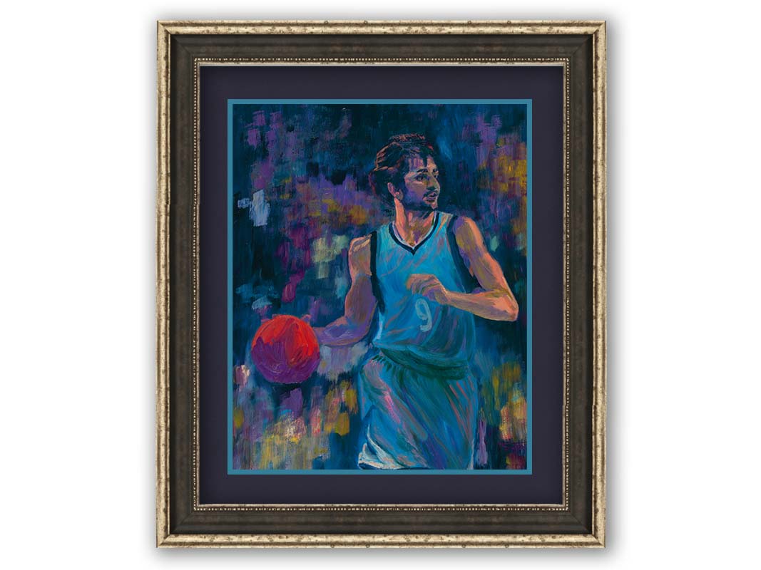 A portrait of MInnesota Timberwolves basketball player Ricky Rubio, dribbling the ball. The dark blue background, abstract and accented with purple and yellow, contrasts the lighter blue of his uniform and the bright orange ball. Printed on paper, matted, and framed.