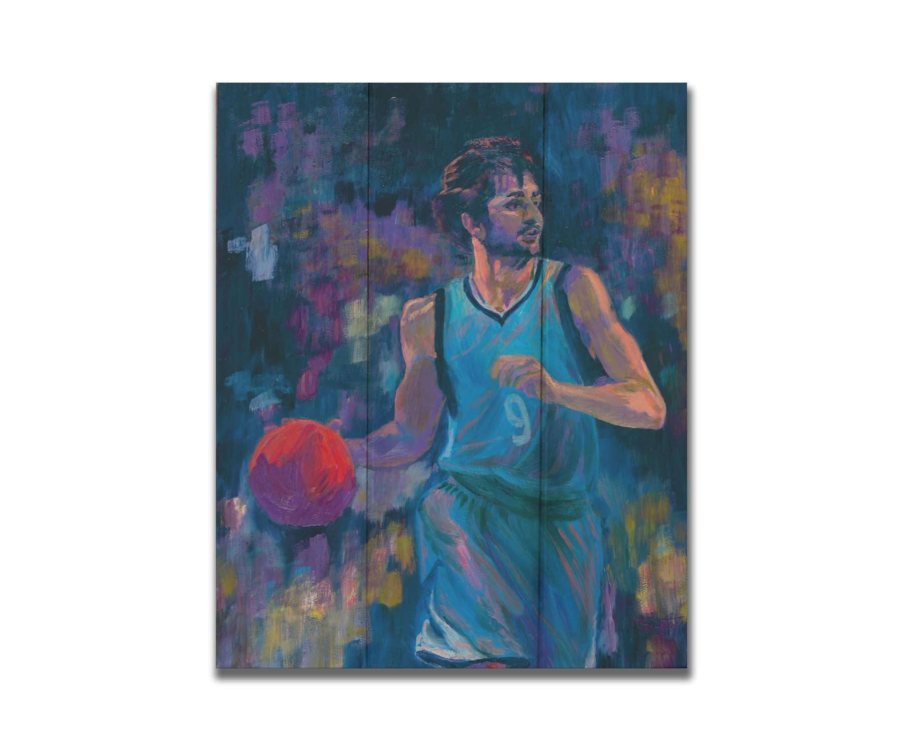 A portrait of MInnesota Timberwolves basketball player Ricky Rubio, dribbling the ball. The dark blue background, abstract and accented with purple and yellow, contrasts the lighter blue of his uniform and the bright orange ball. Printed on a box board.