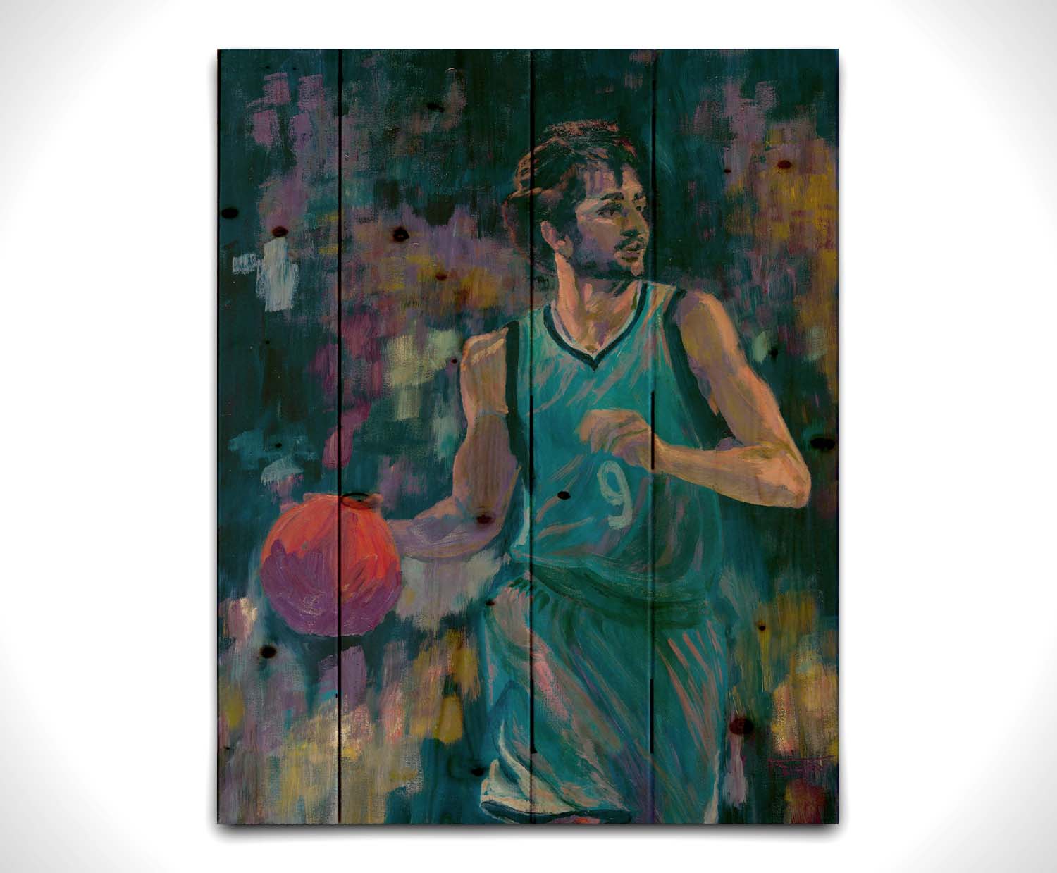 A portrait of MInnesota Timberwolves basketball player Ricky Rubio, dribbling the ball. The dark blue background, abstract and accented with purple and yellow, contrasts the lighter blue of his uniform and the bright orange ball. Printed on a wood pallet.