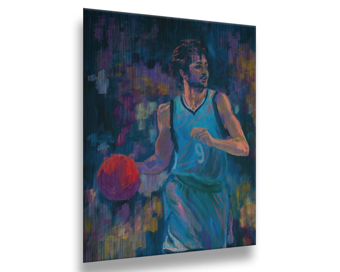 A portrait of MInnesota Timberwolves basketball player Ricky Rubio, dribbling the ball. The dark blue background, abstract and accented with purple and yellow, contrasts the lighter blue of his uniform and the bright orange ball. Printed on metal.