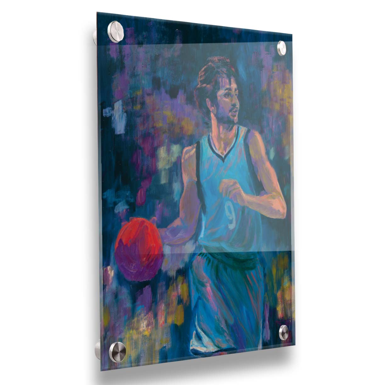 A portrait of MInnesota Timberwolves basketball player Ricky Rubio, dribbling the ball. The dark blue background, abstract and accented with purple and yellow, contrasts the lighter blue of his uniform and the bright orange ball. Printed on acrylic.