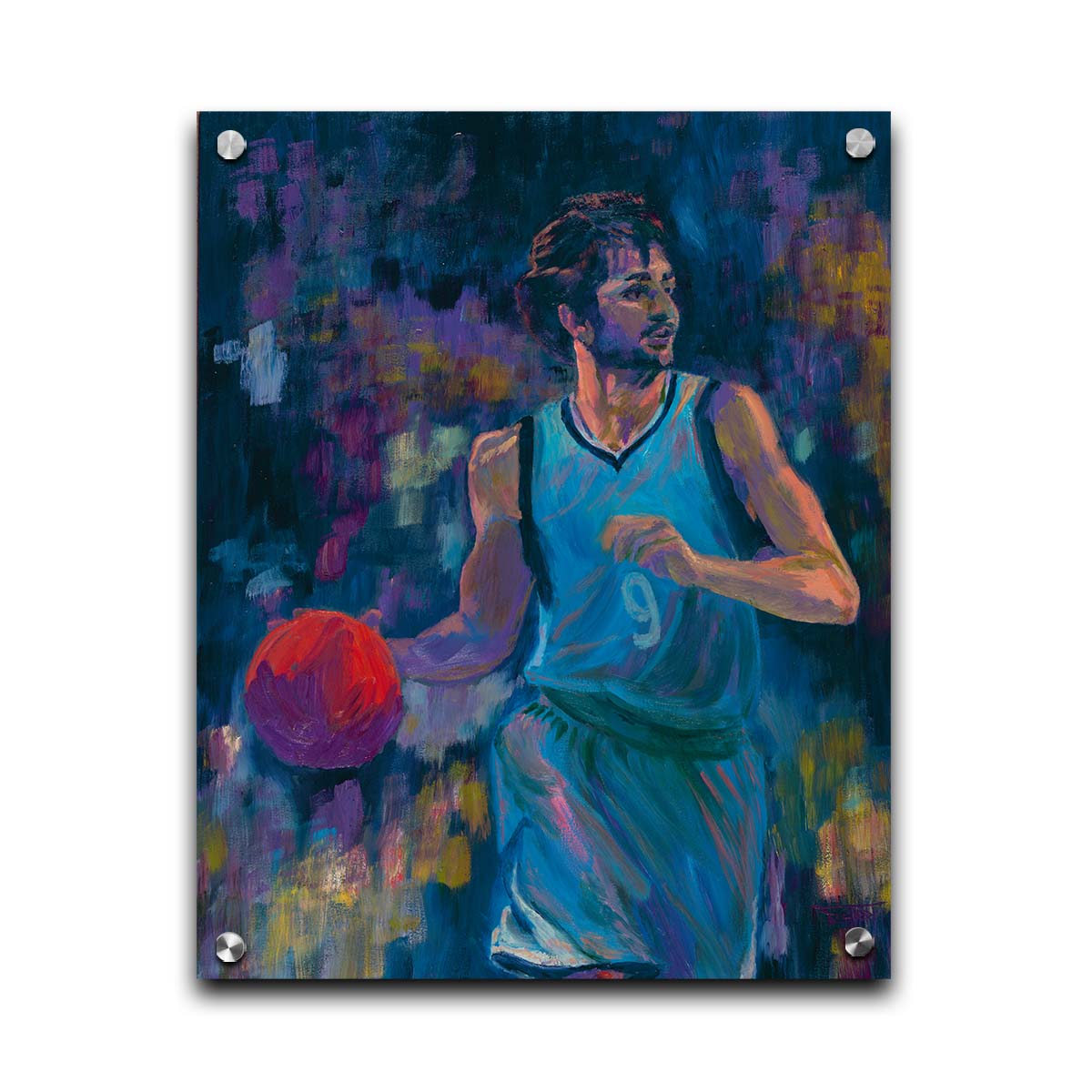 A portrait of MInnesota Timberwolves basketball player Ricky Rubio, dribbling the ball. The dark blue background, abstract and accented with purple and yellow, contrasts the lighter blue of his uniform and the bright orange ball. Printed on acrylic.