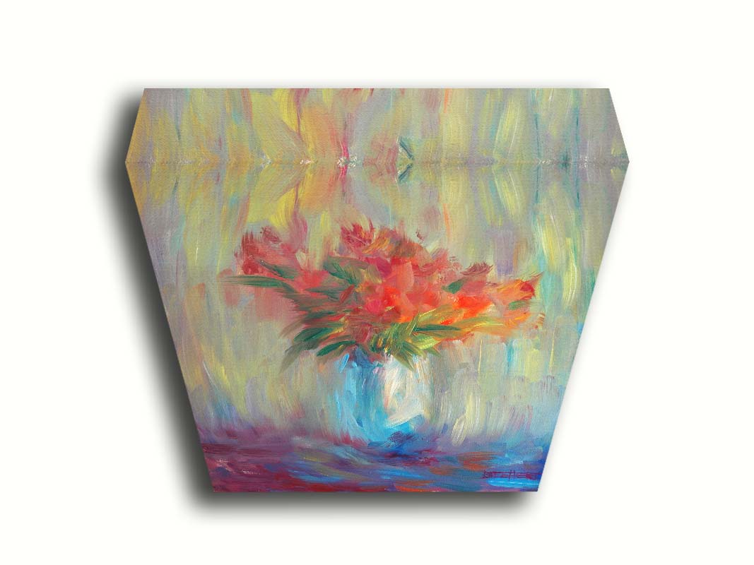 A still life painting of a vase of bright red flowers, created with expressive visible brushstrokes and broken color. Printed on canvas.