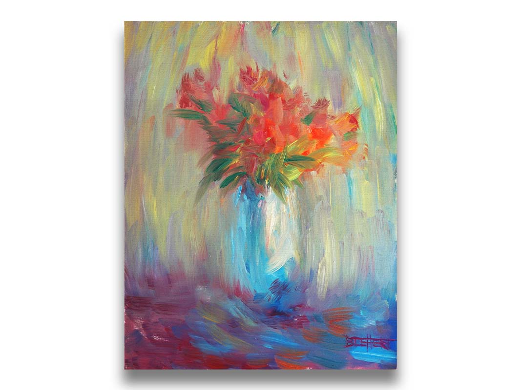 A still life painting of a vase of bright red flowers, created with expressive visible brushstrokes and broken color. Printed on canvas.