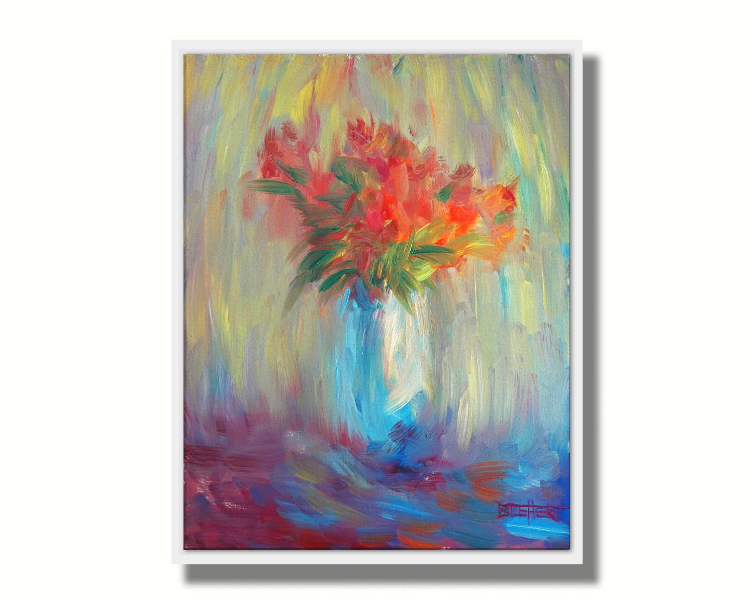 A still life painting of a vase of bright red flowers, created with expressive visible brushstrokes and broken color. Printed on canvas in a float frame.