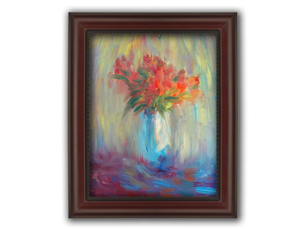 A still life painting of a vase of bright red flowers, created with expressive visible brushstrokes and broken color. Printed on canvas and framed.