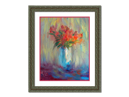 A still life painting of a vase of bright red flowers, created with expressive visible brushstrokes and broken color. Printed on paper, matted, and framed.