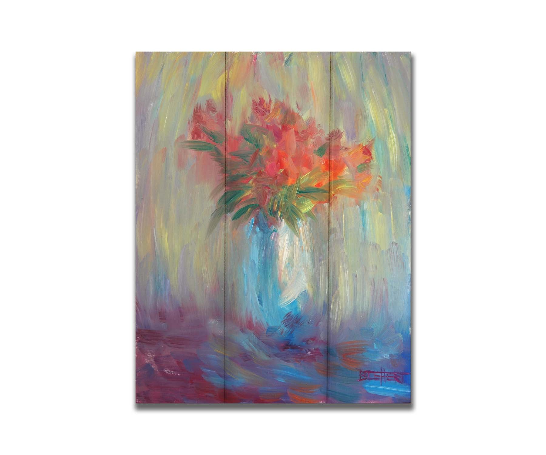 A still life painting of a vase of bright red flowers, created with expressive visible brushstrokes and broken color. Printed on a box board.