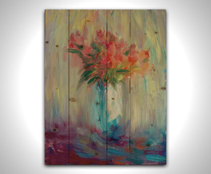 A still life painting of a vase of bright red flowers, created with expressive visible brushstrokes and broken color. Printed on a wood pallet.