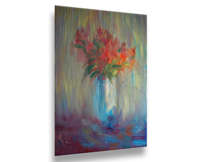 A still life painting of a vase of bright red flowers, created with expressive visible brushstrokes and broken color. Printed on metal.