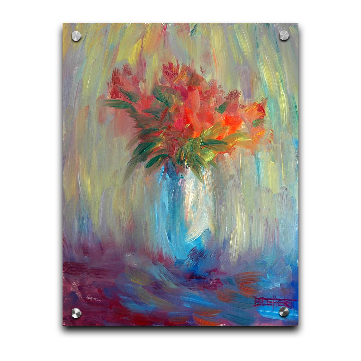 A still life painting of a vase of bright red flowers, created with expressive visible brushstrokes and broken color. Printed on acrylic.