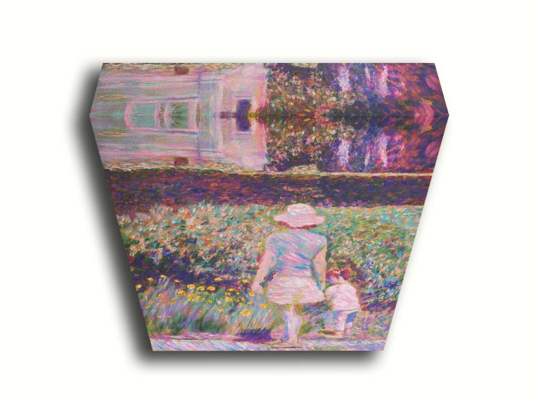 A painting of a person walking down a path, pausing to look at the child walking with them, who is leaving the path to observe yellow flowers in a garden. Printed on canvas.