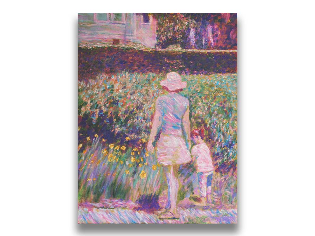 A painting of a person walking down a path, pausing to look at the child walking with them, who is leaving the path to observe yellow flowers in a garden. Printed on canvas.