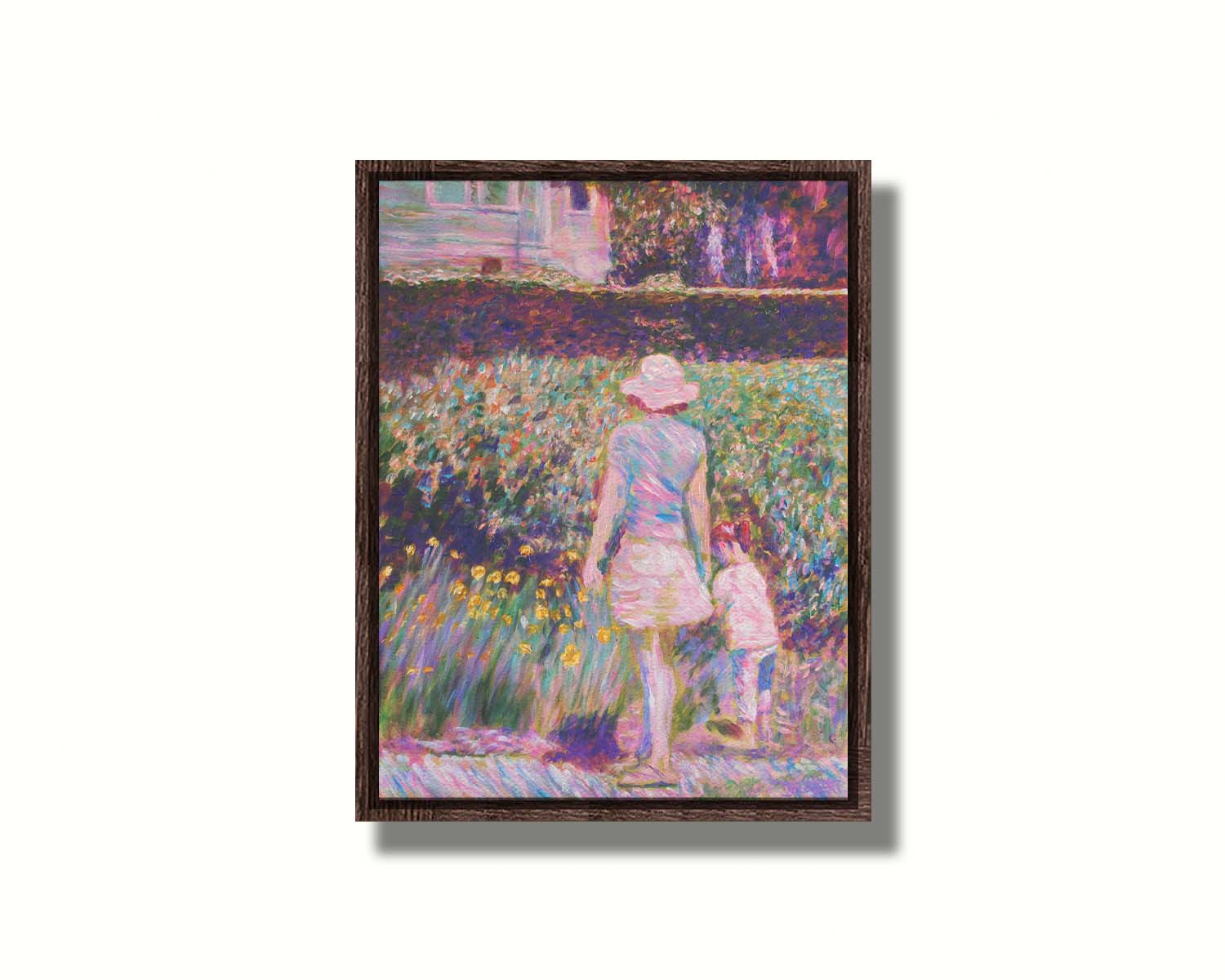 A painting of a person walking down a path, pausing to look at the child walking with them, who is leaving the path to observe yellow flowers in a garden. Printed on canvas in a float frame.