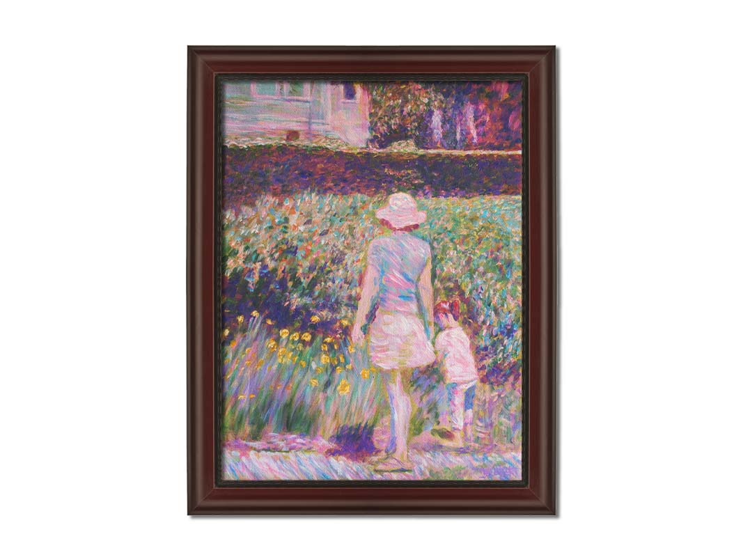 A painting of a person walking down a path, pausing to look at the child walking with them, who is leaving the path to observe yellow flowers in a garden. Printed on canvas and framed.