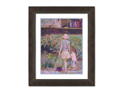 A painting of a person walking down a path, pausing to look at the child walking with them, who is leaving the path to observe yellow flowers in a garden. Printed on paper, matted, and framed.