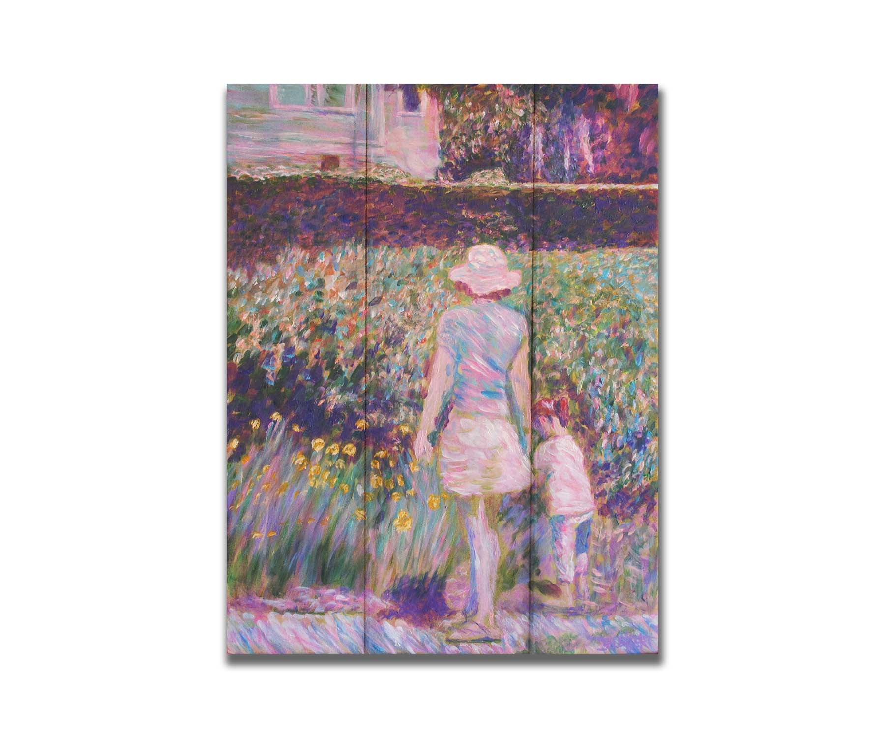 A painting of a person walking down a path, pausing to look at the child walking with them, who is leaving the path to observe yellow flowers in a garden. Printed on a box board.