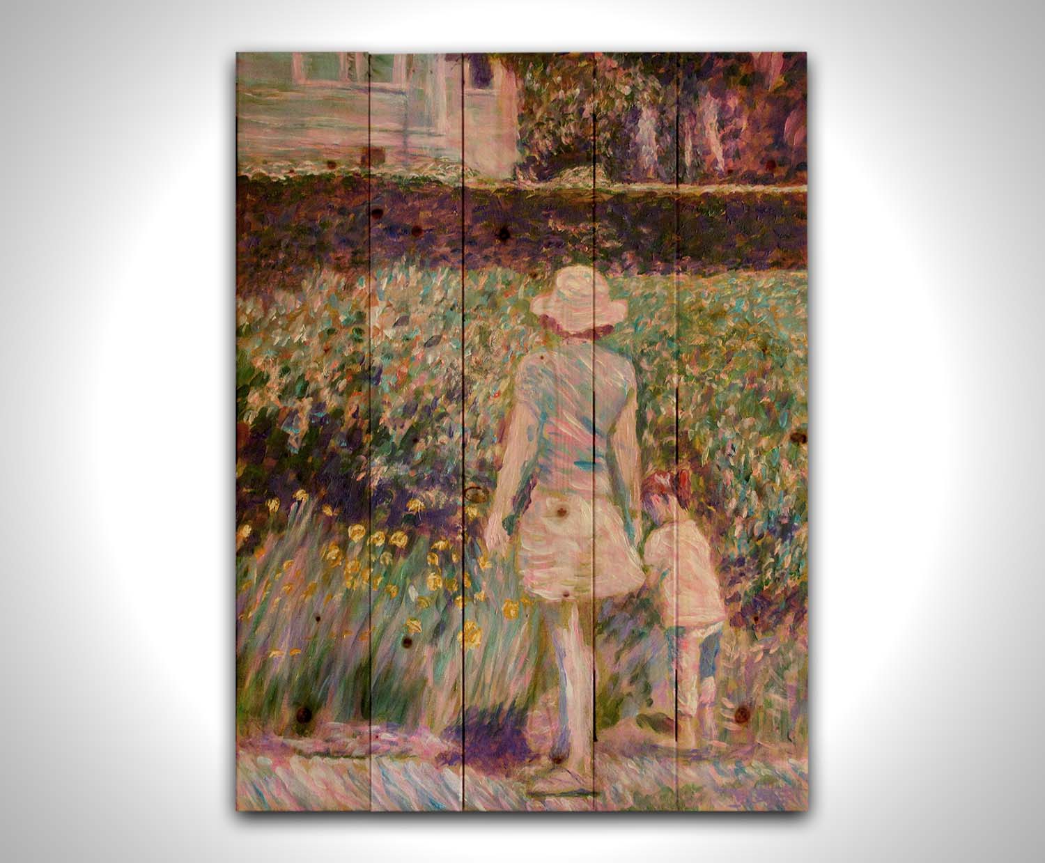 A painting of a person walking down a path, pausing to look at the child walking with them, who is leaving the path to observe yellow flowers in a garden. Printed on a wood pallet.