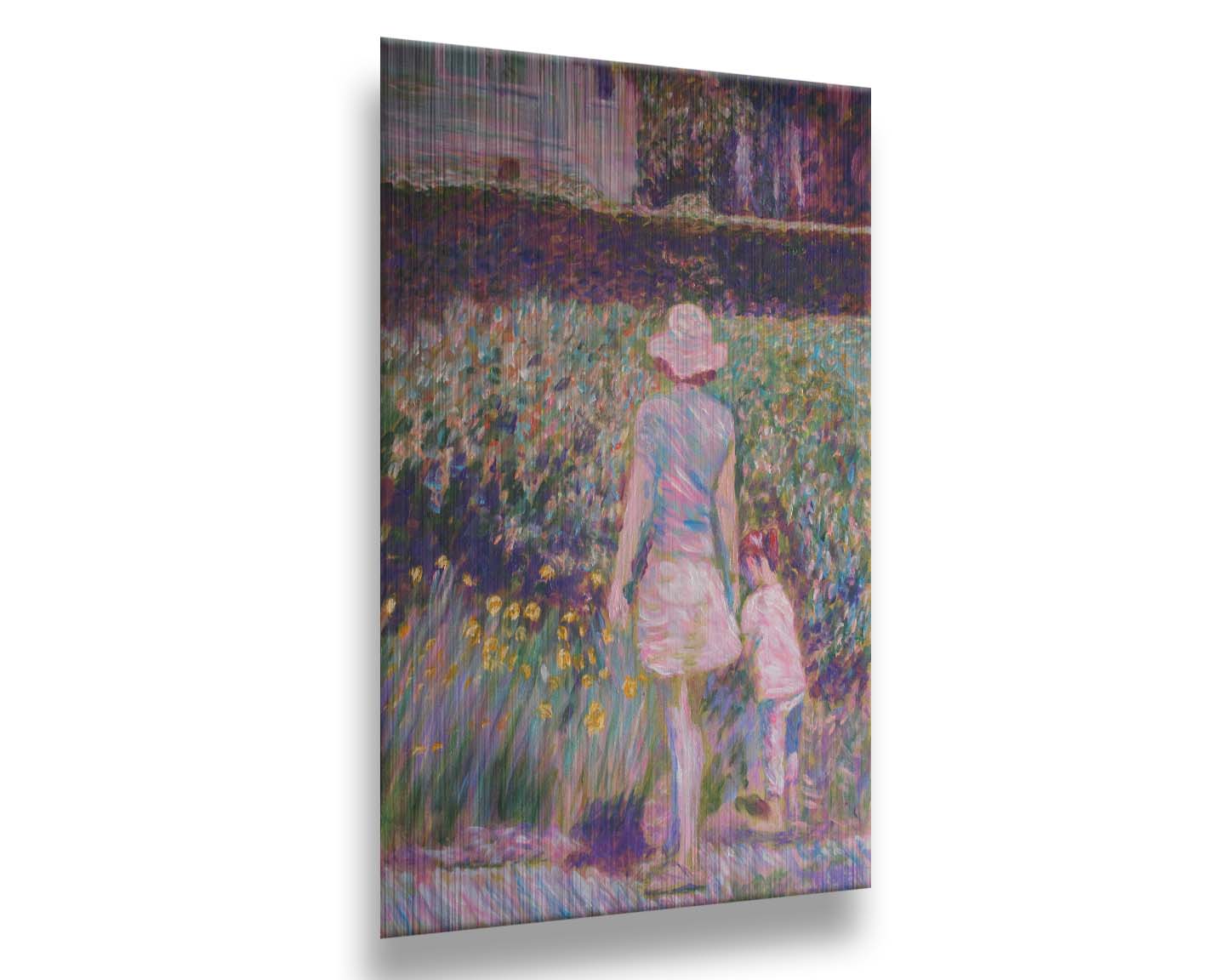 A painting of a person walking down a path, pausing to look at the child walking with them, who is leaving the path to observe yellow flowers in a garden. Printed on metal.