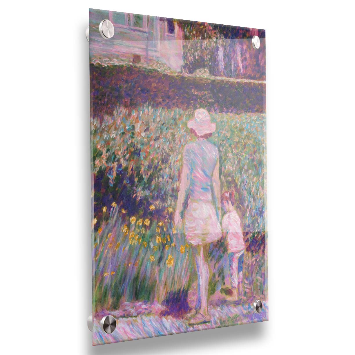 A painting of a person walking down a path, pausing to look at the child walking with them, who is leaving the path to observe yellow flowers in a garden. Printed on acrylic.