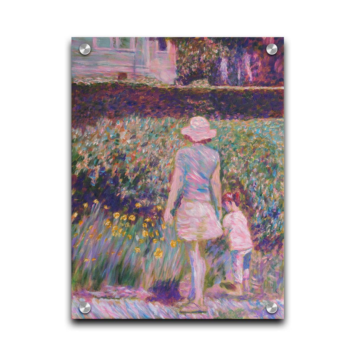 A painting of a person walking down a path, pausing to look at the child walking with them, who is leaving the path to observe yellow flowers in a garden. Printed on acrylic.