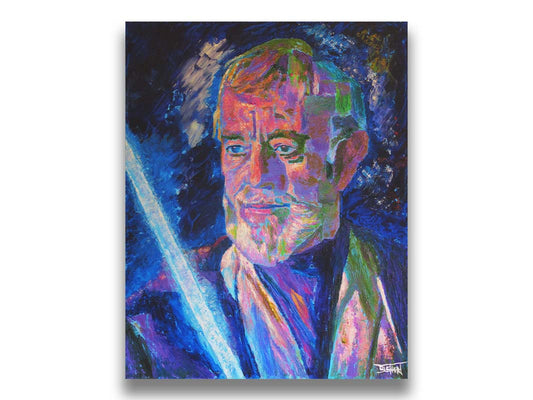 A painting of Alec Guinness as Obi-Wan Kenobi, his face lit by dramatically by his blue lightsaber. Printed on canvas.