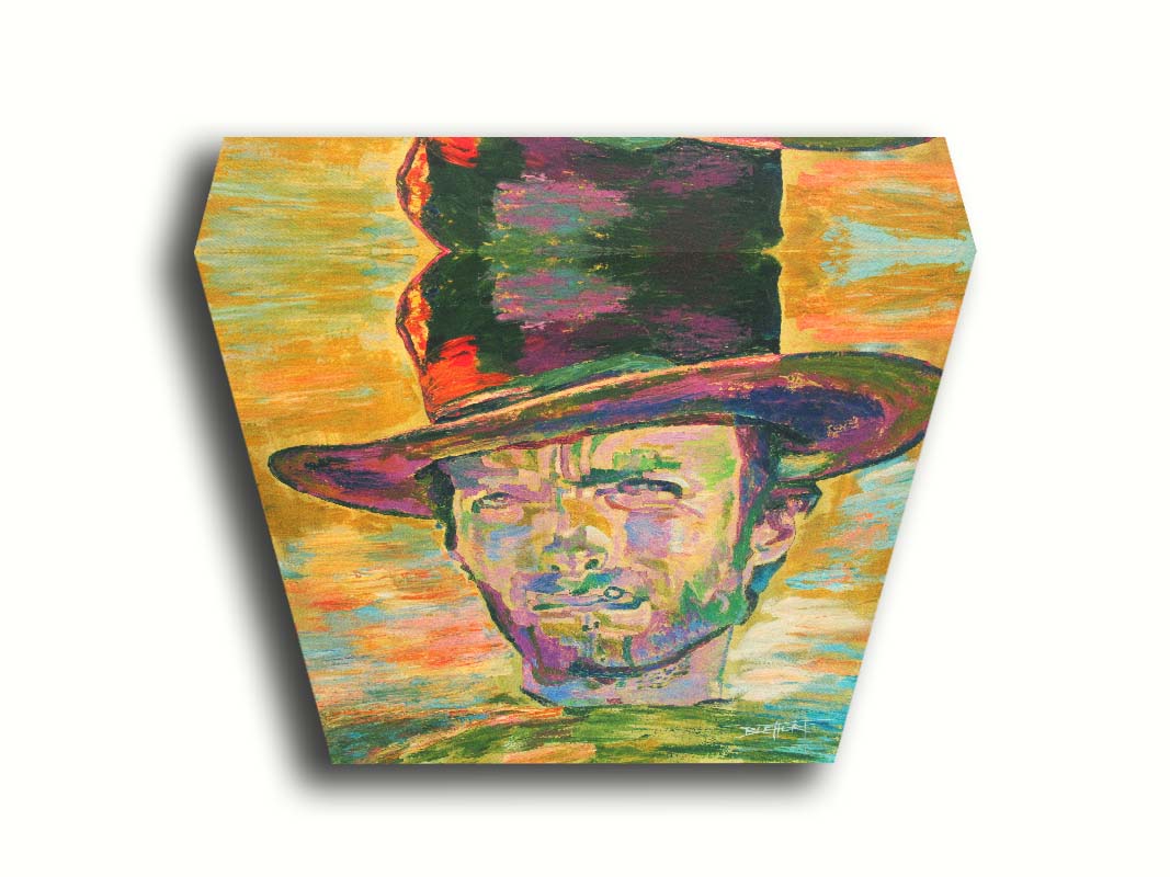 A portrait painting in yellows and greens of actor Clint Eastwood dressed for his classic western roles. Printed on canvas.