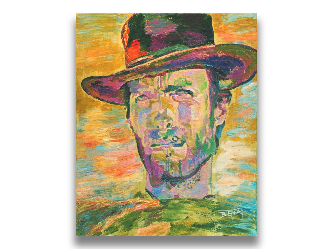 A portrait painting in yellows and greens of actor Clint Eastwood dressed for his classic western roles. Printed on canvas.