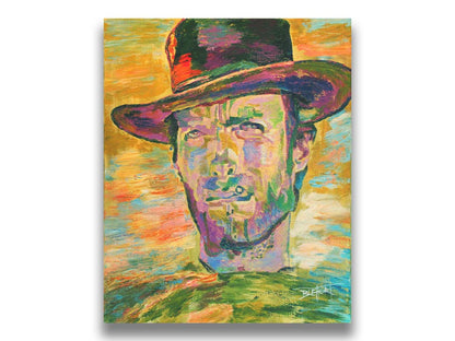 A portrait painting in yellows and greens of actor Clint Eastwood dressed for his classic western roles. Printed on canvas.