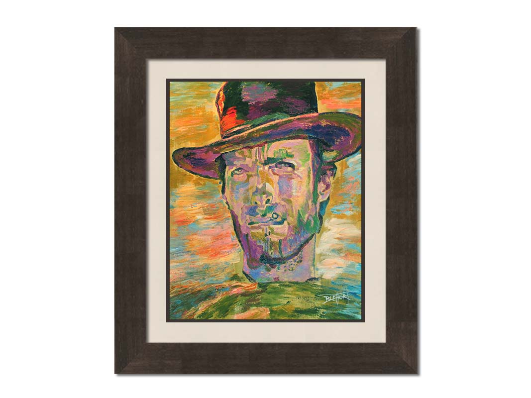 A portrait painting in yellows and greens of actor Clint Eastwood dressed for his classic western roles. Printed on paper, matted, and framed.