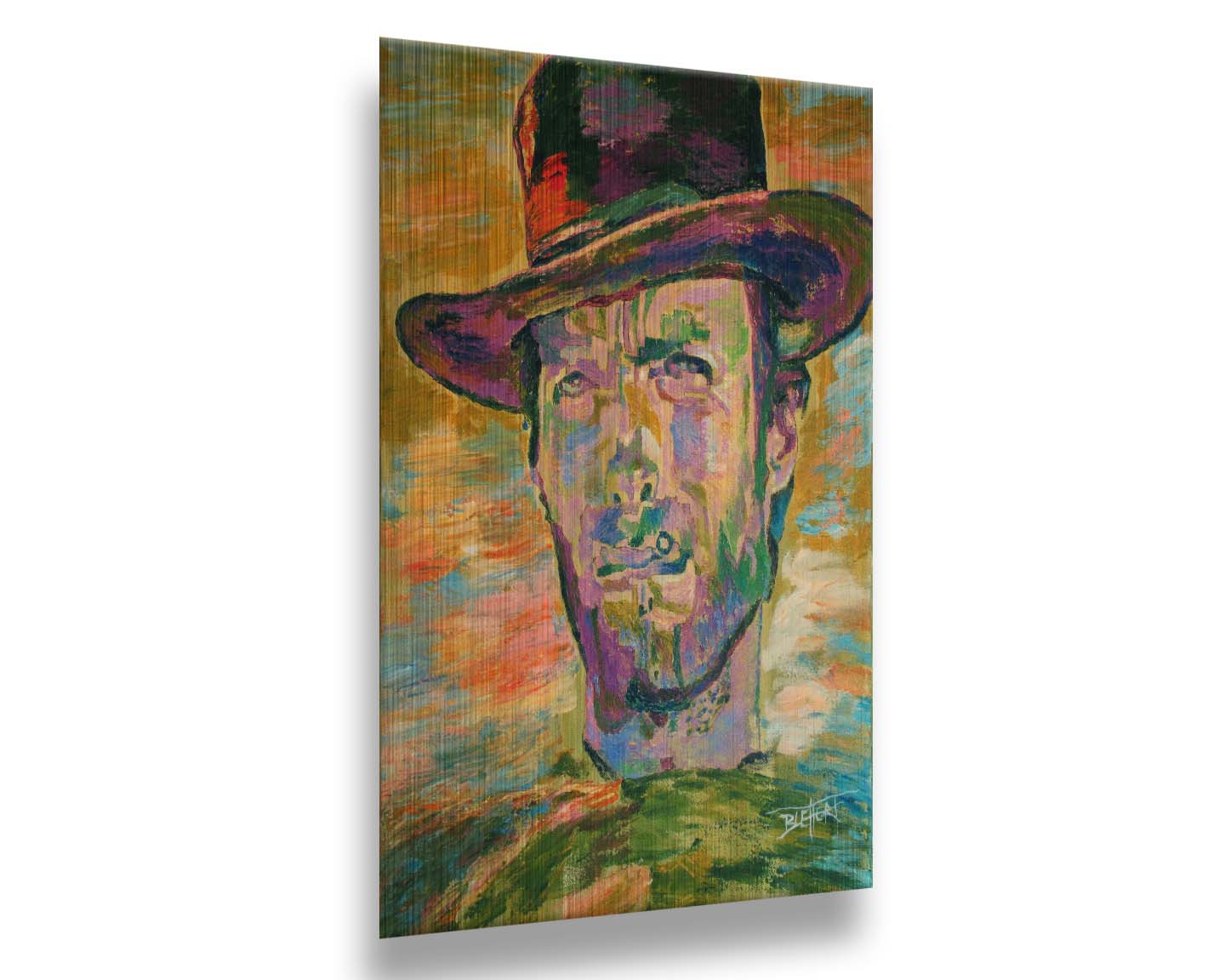 A portrait painting in yellows and greens of actor Clint Eastwood dressed for his classic western roles. Printed on metal.