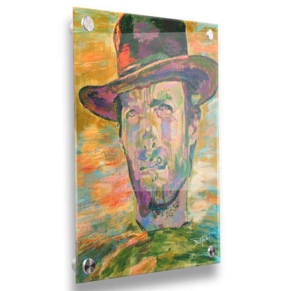 A portrait painting in yellows and greens of actor Clint Eastwood dressed for his classic western roles. Printed on acrylic.